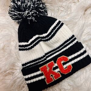 KC Patch Black & White Striped Beanie Hat with Pom Pom